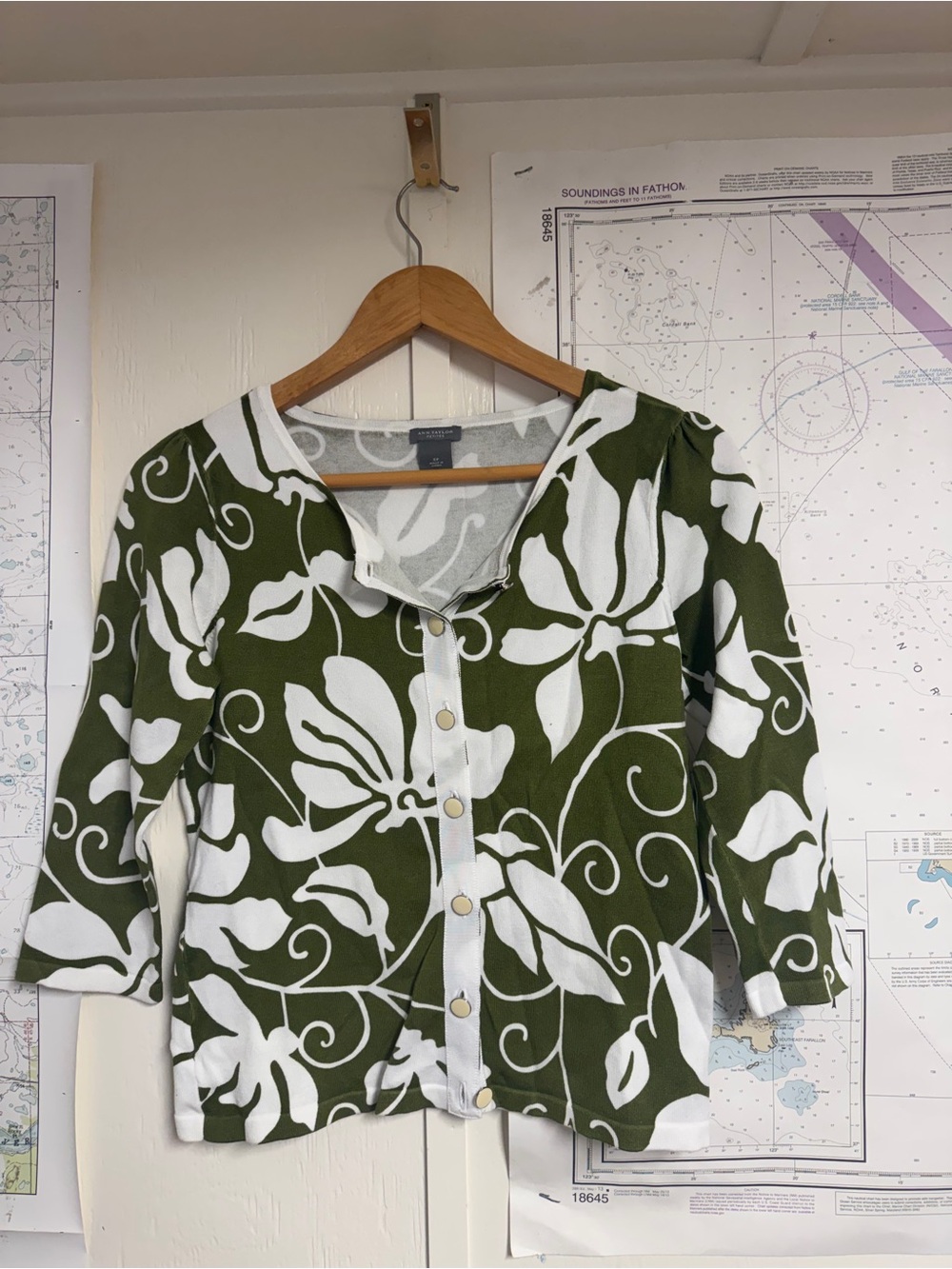 Ann Taylor Olive Green and White Floral Cardigan